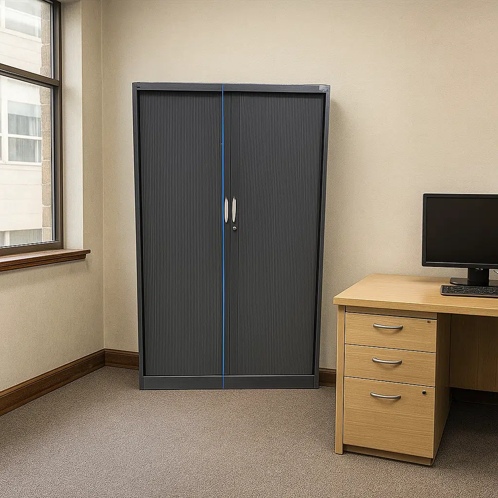 Armoire métallique à rideaux coulissants et bureau à tiroirs. Disponible chez Ecocube. Suggestion de présentation.